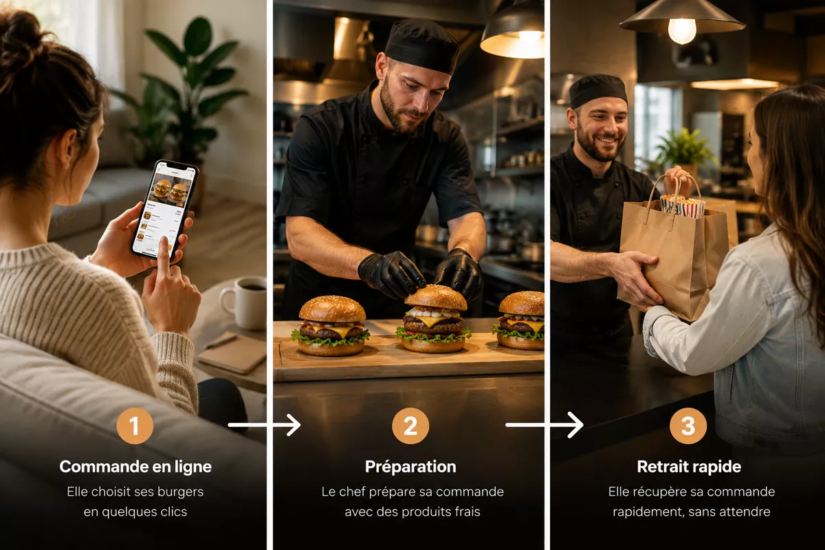 Parcours client BDN Collect : commande en ligne depuis le téléphone, préparation de la commande par le restaurant, puis retrait rapide au comptoir.