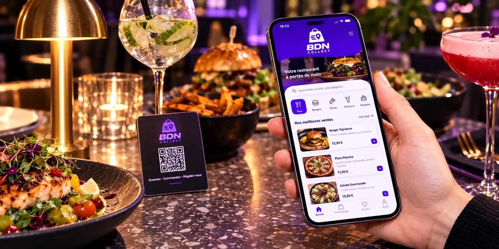 L'application BDN Collect à votre marque : un client commande ses plats depuis son téléphone en scannant le QR code posé sur la table du restaurant.